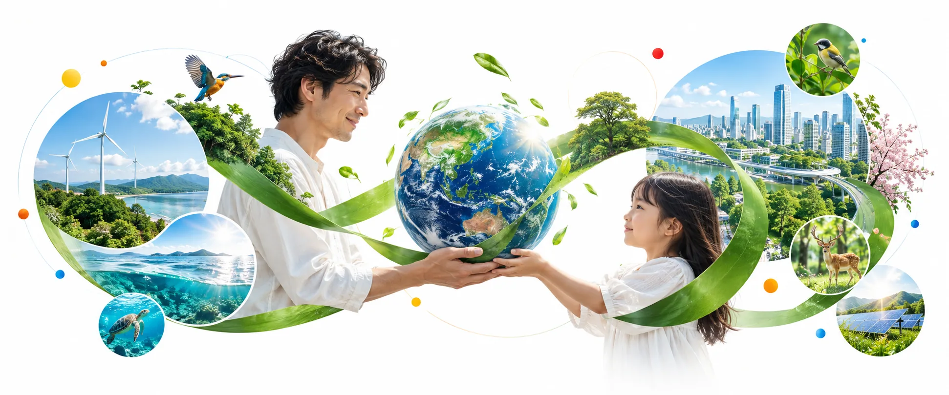 次の世代へきれいな地球を手渡す人と自然の合成ビジュアル
